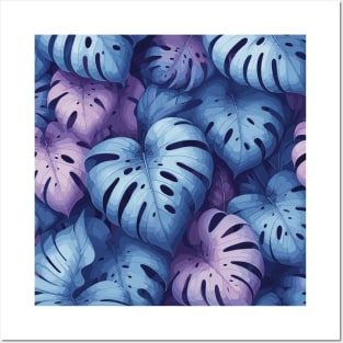 Purple Blue Monstera Tropical Leaves Posters and Art